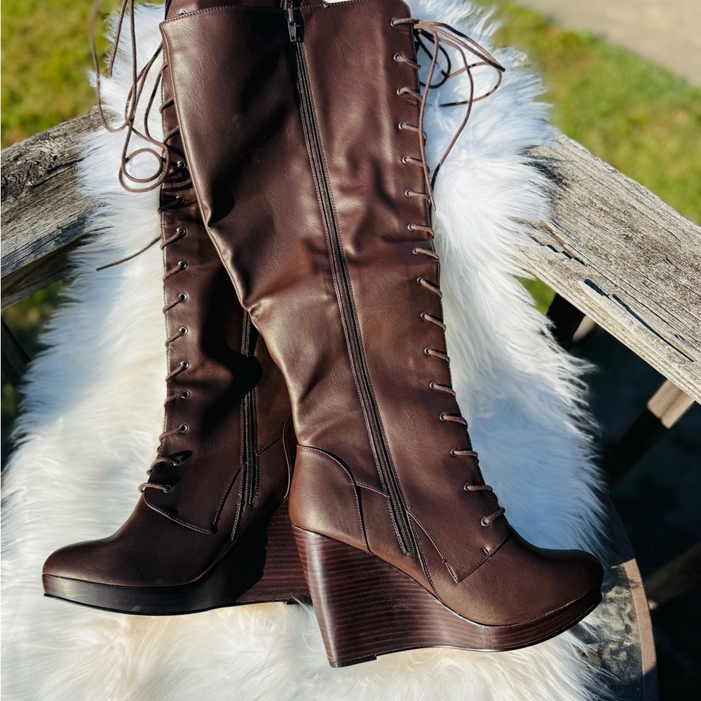 Elegant Brown Knee-High Wedge Boots